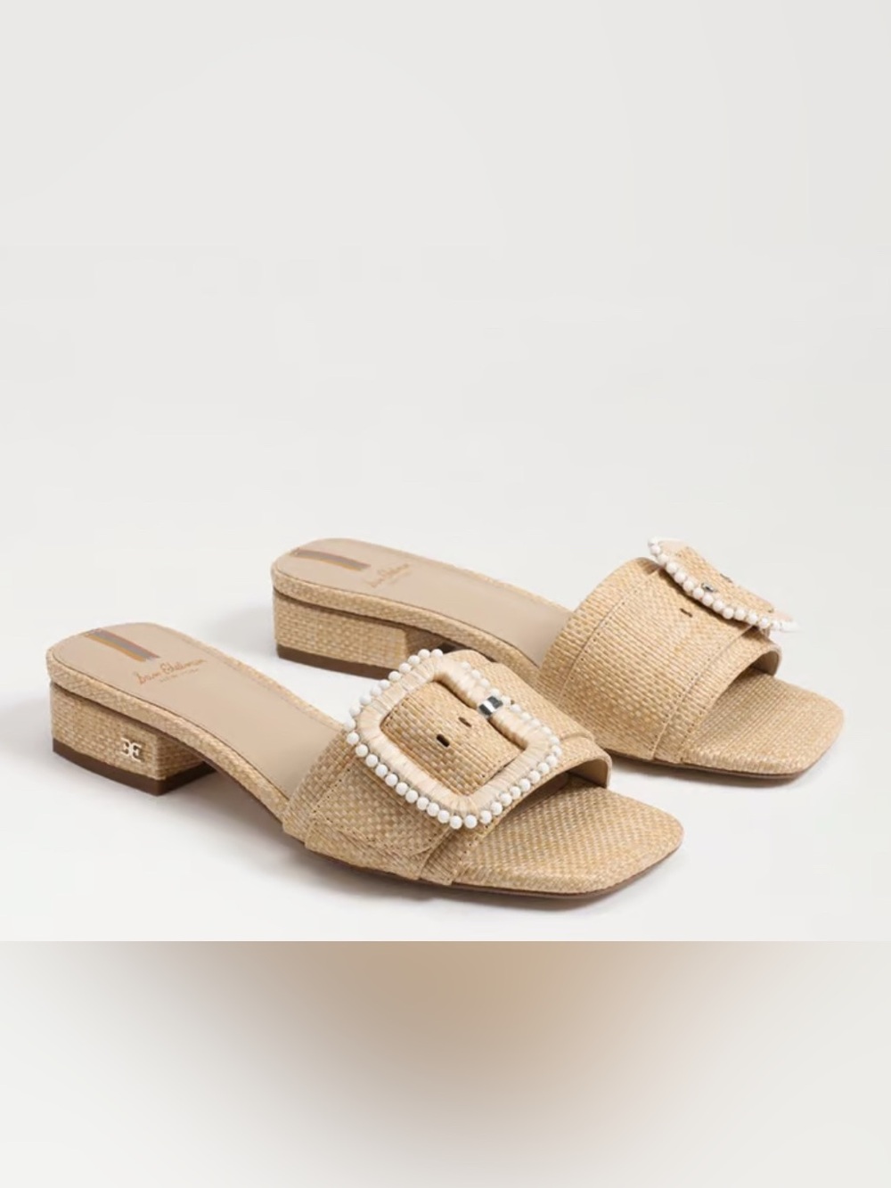 Sam Edelman Beige Raffia Pearl-Trim Slide Sandals